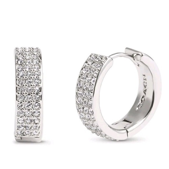 NEW COACH Pavé Huggie Earrings Dangle Hoop Silver Rhinestone - Picture 1 of 4